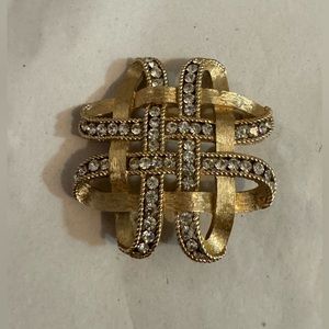 Trifari Vintage Gold Tone Costume Crystal Ribbon Brooch